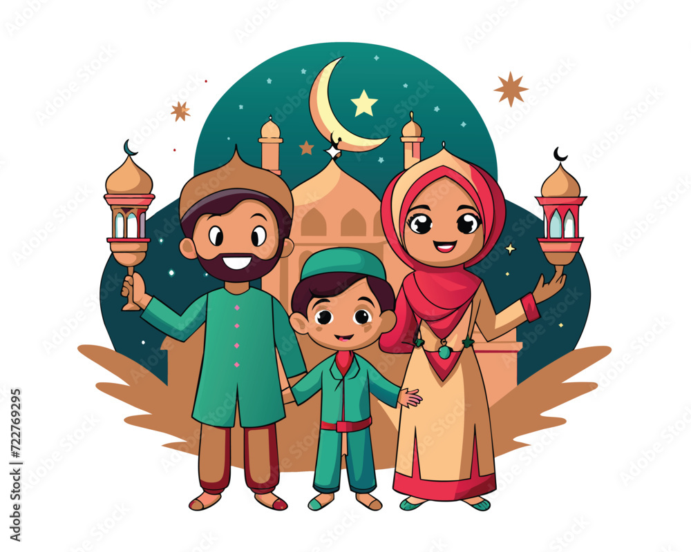 Naklejka premium Cartoon character ramadan kareem eid mubarak moslem illustration Vector