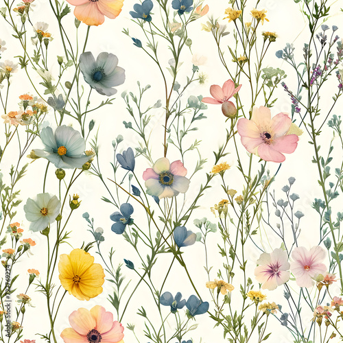 Vintage Pastel Watercolor Flowers Seamless Pattern © Thitiporn