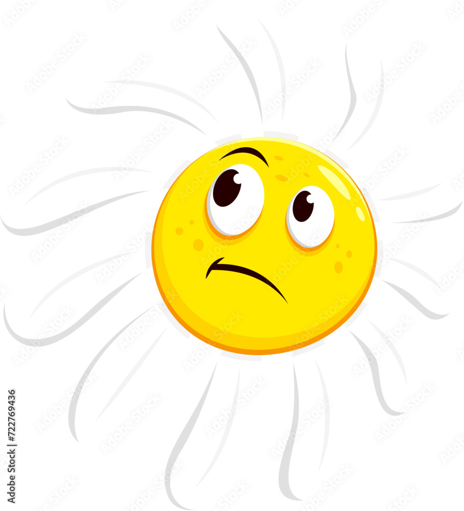 Cartoon chamomile, daisy flower character thoughtful face emotion. Vector funny thinking emoji, tense facial expression with eyes looking up and curve mouth. Isolated dumbfounded personage feelings Cartoon chamomile, daisy flower character thoughtful face emotion. Vector funny thinking emoji, tense facial expression with eyes looking up and curve mouth. Isolated dumbfounded personage feelings