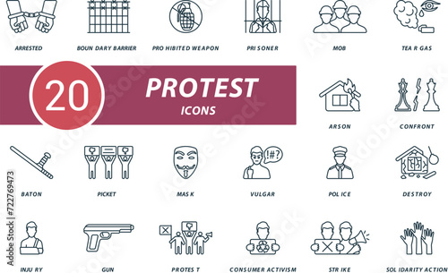 Protest outline icons set. Creative icons: arrested, boundary barrier, prohibited weapon, prisoner, mob, tear gas, arson, confront and more