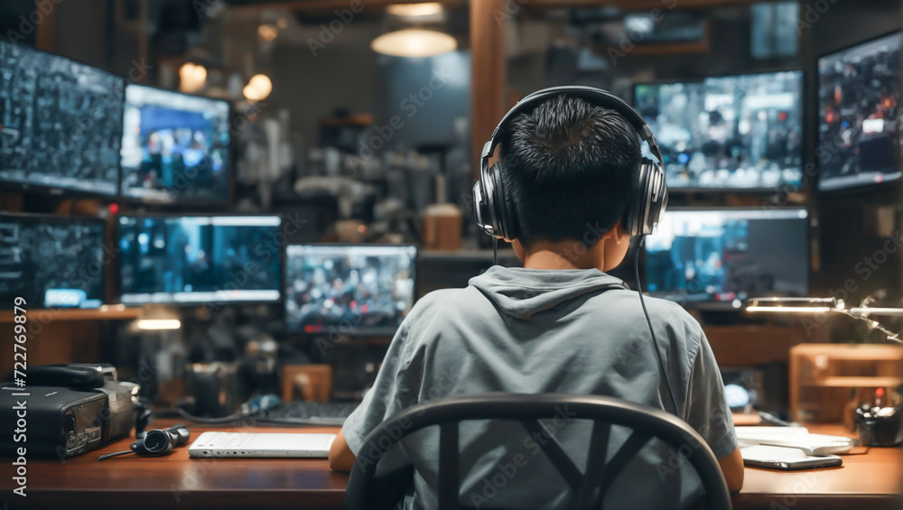 Asian boy wearing headphones playing a game, person watching tv, person watching tv in front of tv, person watching tv in front of screen, children playing games, GenerativeAi illustration Asian boy wearing headphones playing a game, person watching tv, person watching tv in front of tv, person watching tv in front of screen, children playing games, GenerativeAi illustration