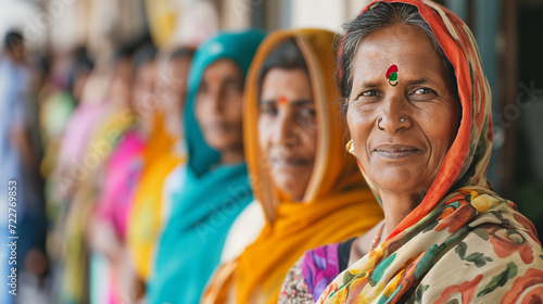 diverse Indian voters standing in line with enthusiasm, ready to cast their votes during an election