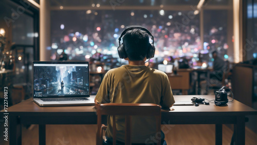 Asian boy wearing headphones playing a game, person watching tv, person watching tv in front of tv, person watching tv in front of screen, children playing games, GenerativeAi illustration © Somchai