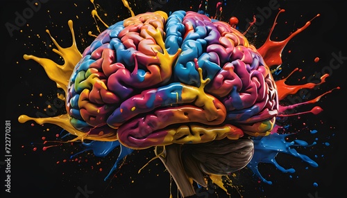 Creative art brain explodes with paints with splashes on a black background