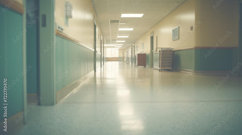 Long hospital bright corridor with rooms and seats 3D rendering Long hospital bright corridor with rooms and seats 3D rendering