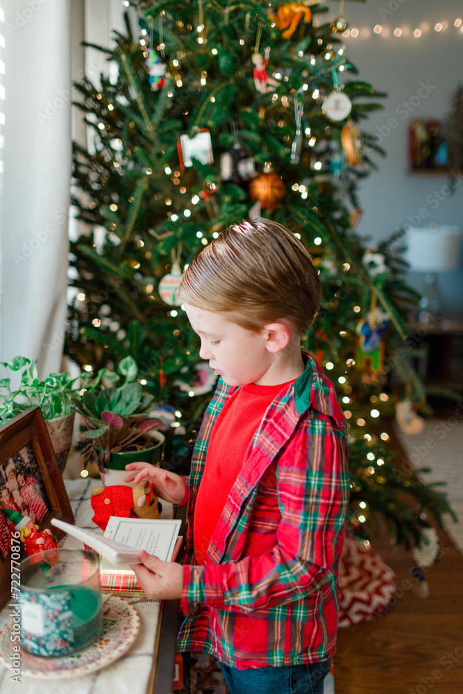 Young boy standing in front of Christmas tree reading a book