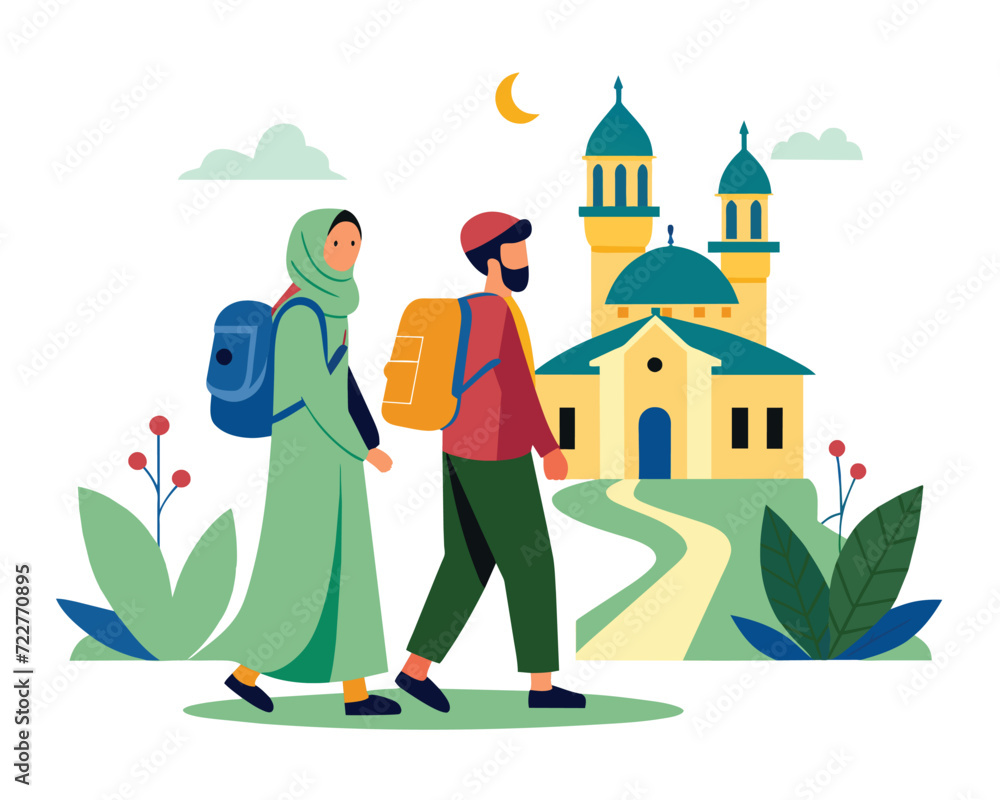 Ramadan illustration concept design, Muslim people go to mosque, eid mubarak, ramadan kareem icon.