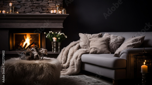 Living room interior with cushions and plaid on bench against fireplace and ornamental armchair in house on sunny day © alexkich