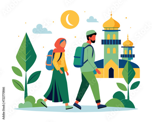 Ramadan illustration concept design, Muslim people go to mosque, eid mubarak, ramadan kareem icon.