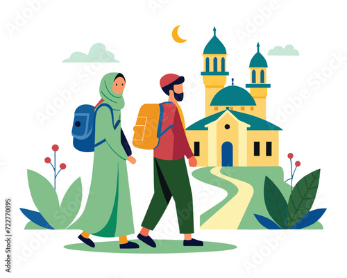 Ramadan illustration concept design, Muslim people go to mosque, eid mubarak, ramadan kareem icon.