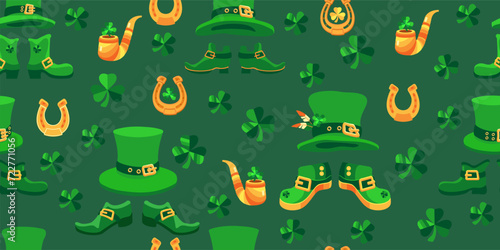 Saint Patricks Day seamless pattern. Cute Leprechaun hat, shoes, clover shamrock, pipe, horseshoe. Spring holiday March 17 St Patrick. Green Vector background for fabric, textiles, wrapping paper