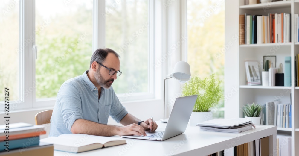 Individual dedicated to learning in a bright, modern home office Individual dedicated to learning in a bright, modern home office