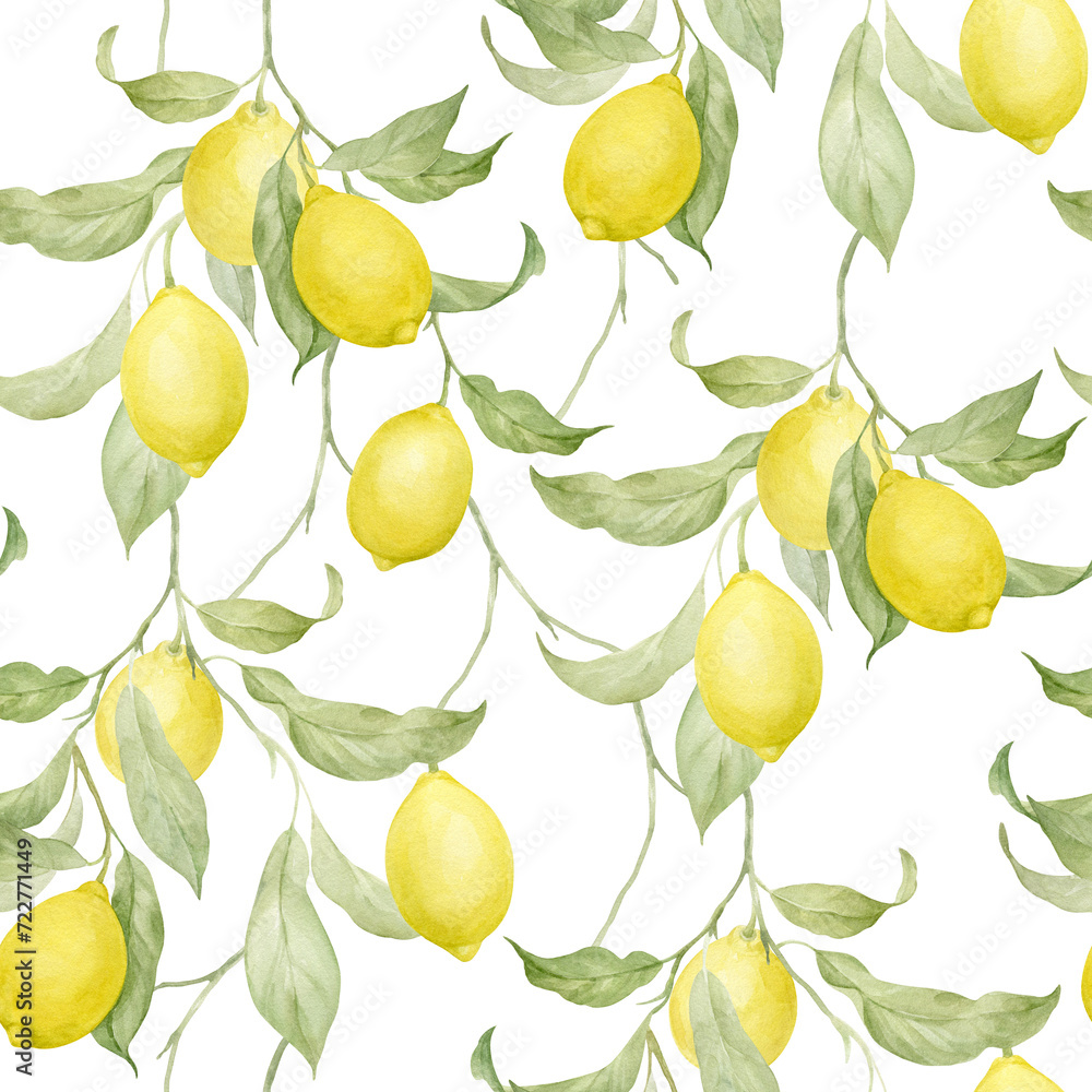Seamless pattern of lemons. Lemon tree branches, lemon fruits and flowers in a beautiful pattern for your projects