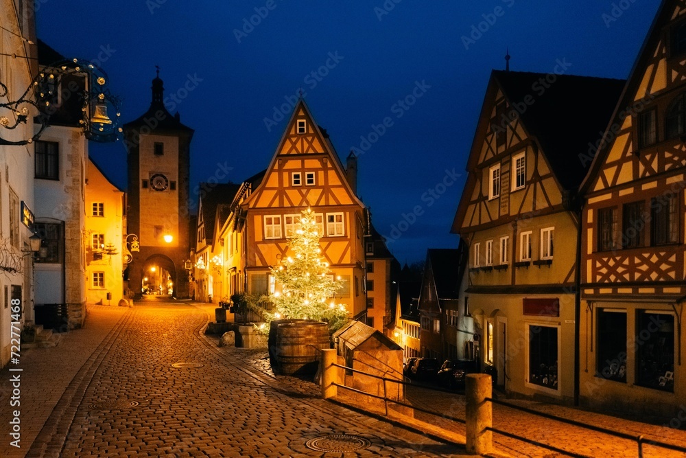 Popular street in Germany, blue hour, lights are on