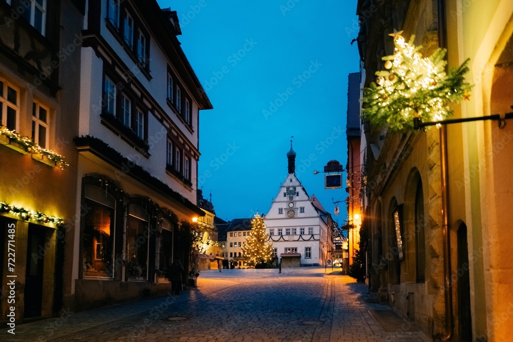 Beautiful street in Germany, blue hour, lights are on