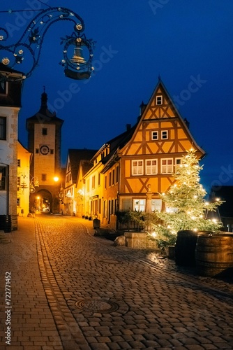 Popular house in Germany  blue hour  lights on  picturesque street