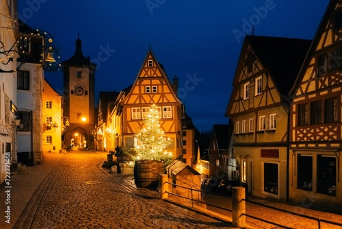 Popular street in Germany, blue hour, lights are on