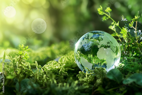 Glass globe in sunshine garden. Earth s day concept background. Copy Space.