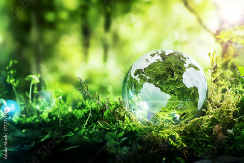 Glass globe in sunshine garden. Earth s day concept background. Copy Space.