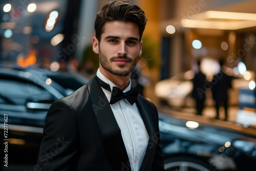 Sophisticated male model in a tuxedo, posing at a high-end car event