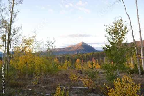 Colorado Mountain Peak Through Colorful Fall Trees at Sunrise photo