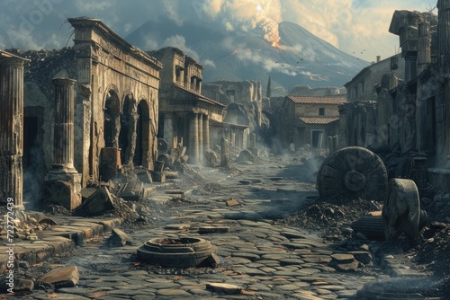 Pompeii tragedy: a haunting portrayal of the volcanic eruption's chaos, horror, and the people's plight, capturing the devastation and human tragedy in the ancient city's ruins photo