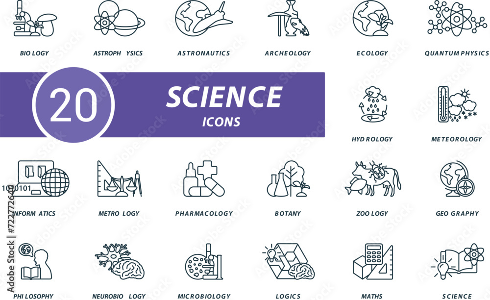 Science outline icons set. Creative icons: biology, astrophysics, astronautics, archeology, ecology, quantum physics, hydrology, meteorology and more Science outline icons set. Creative icons: biology, astrophysics, astronautics, archeology, ecology, quantum physics, hydrology, meteorology and more