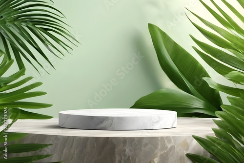 Podium for Product Cosmetics product advertising stand with natural green tropical leaves background. Empty natural stone pedestal platform to display beauty product. Mockup