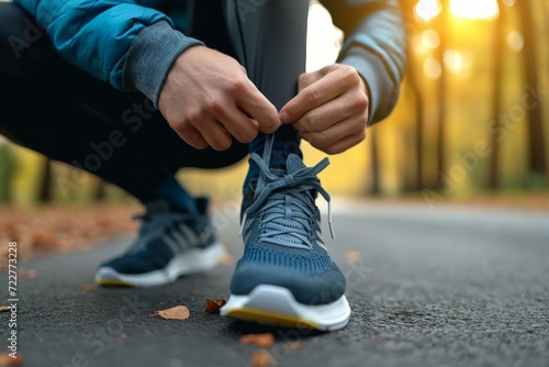 Young male model in a close-up, tying his running shoes before a morning jog