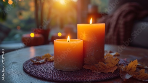 Embrace the cozy feel of autumn with the soft light emitted by two burning candles, creating a serene and inviting atmosphere within the seasonal interior.