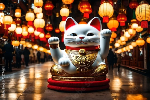 Dive into the symbolic world of the Maneki-neko, positioned amidst money to represent the traditional belief in attracting wealth.