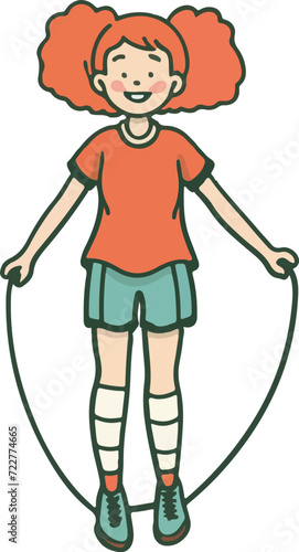 cartoon girl with red hair jumping rope vector illustration