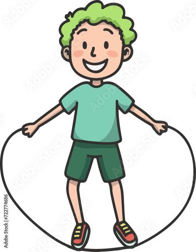 cartoon boy with green hair jumping rope illustration