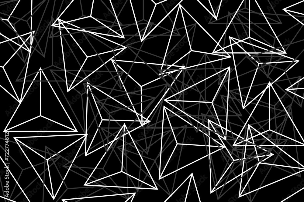 3D-looking triangles with abstract, repeating patterns on a black background