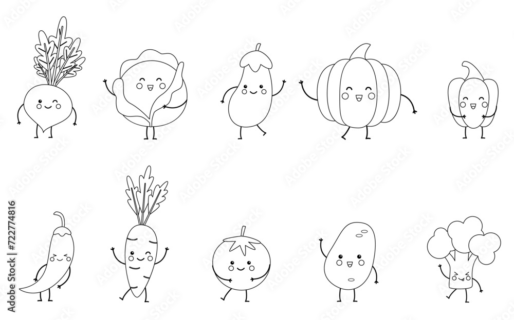 Vector illustration of black and white kawaii vegetables. Coloring page.