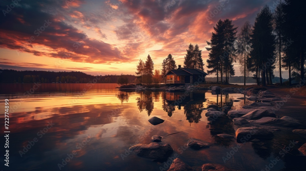 Lake on Sunset Landscape View