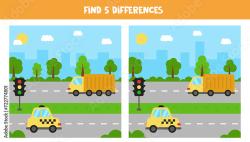 Find five differences between pictures. Cityscape with transport.