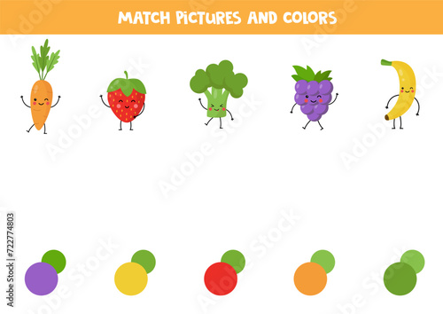 Match kawaii fruits and vegetables with colors. Educational worksheet for kids.