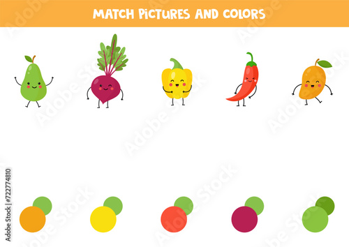 Match kawaii fruits and vegetables with colors. Educational worksheet for kids.