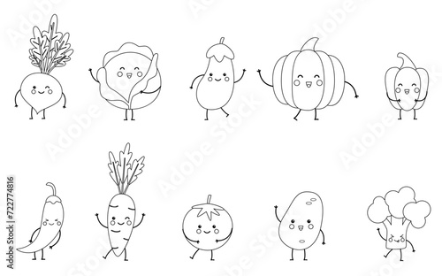Vector illustration of black and white kawaii vegetables. Coloring page.