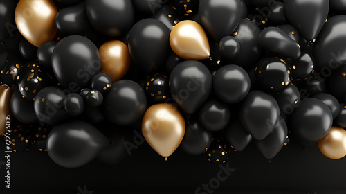 Beautiful black balloons randomly flying frame. Party elegant vector background with space for text.