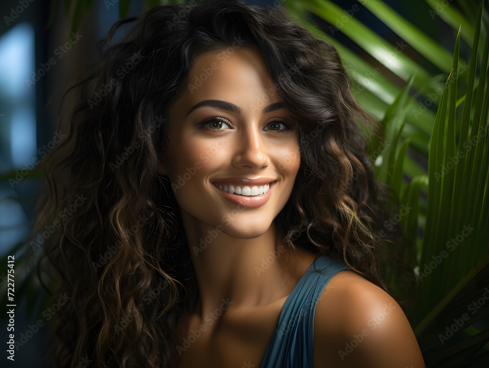 Fototapeta premium Portrait of Beautiful Smiling Woman with Exotic Skin and Curly Hair