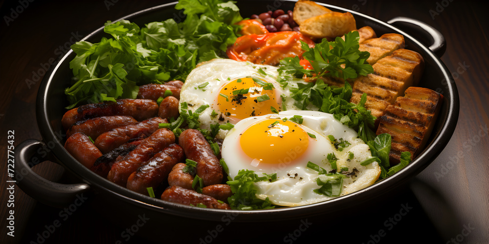 eggs, beans, and sausages in plate