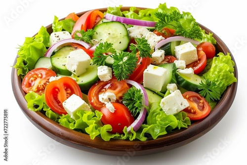 Salad with cheese and fresh vegetables isolated on white background. Greek salad