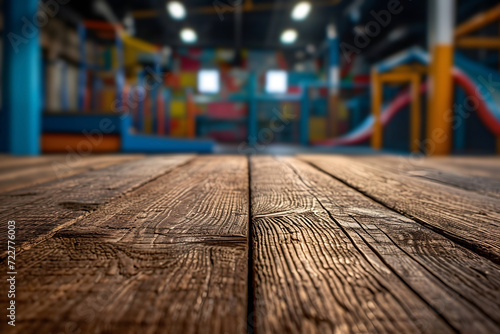 Empty Wooden Table with Trampoline Park Blur background