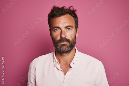 Portrait of a bearded man in a white shirt on a pink background © Loli