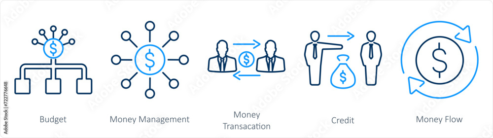 A set of 5 accounting icons as budget, money management, money transaction A set of 5 accounting icons as budget, money management, money transaction