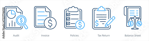 A set of 5 accounting icons as audit, income, policies