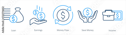 A set of 5 accounting icons as loan, earnings, money flow