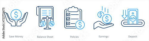 A set of 5 accounting icons as save money, balance sheet, policies